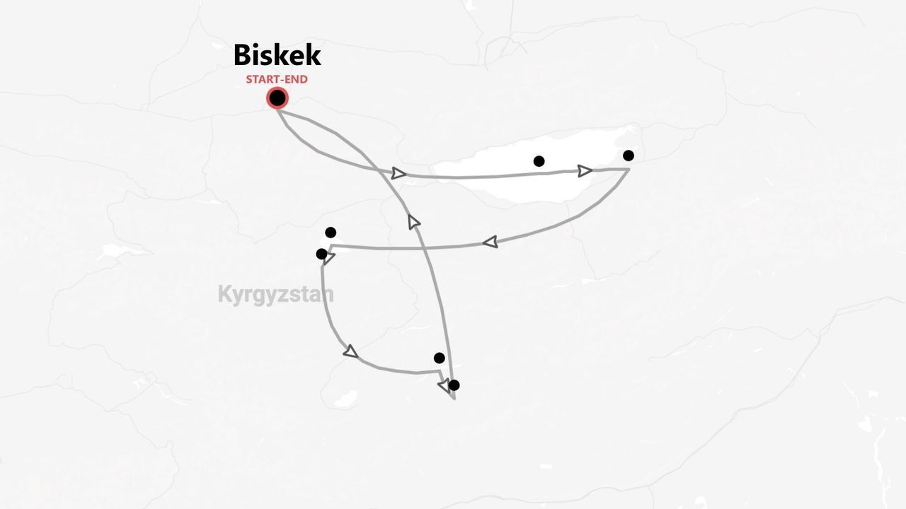 Mapa de un itinerario de viaje por Kirguistán, con inicio y fin en la ciudad de Biskek, que incluye varias paradas.