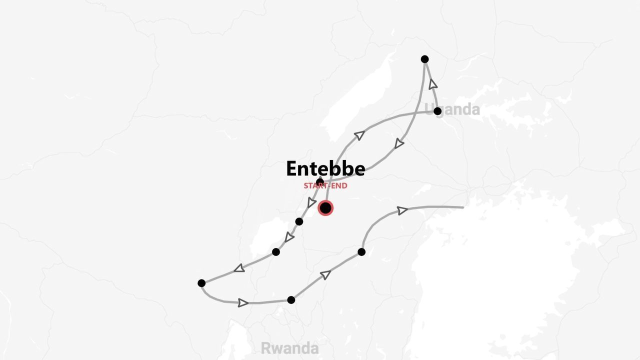 Mapa esquemático de un itinerario de viaje por Uganda y Ruanda, con inicio y fin en Entebbe.
