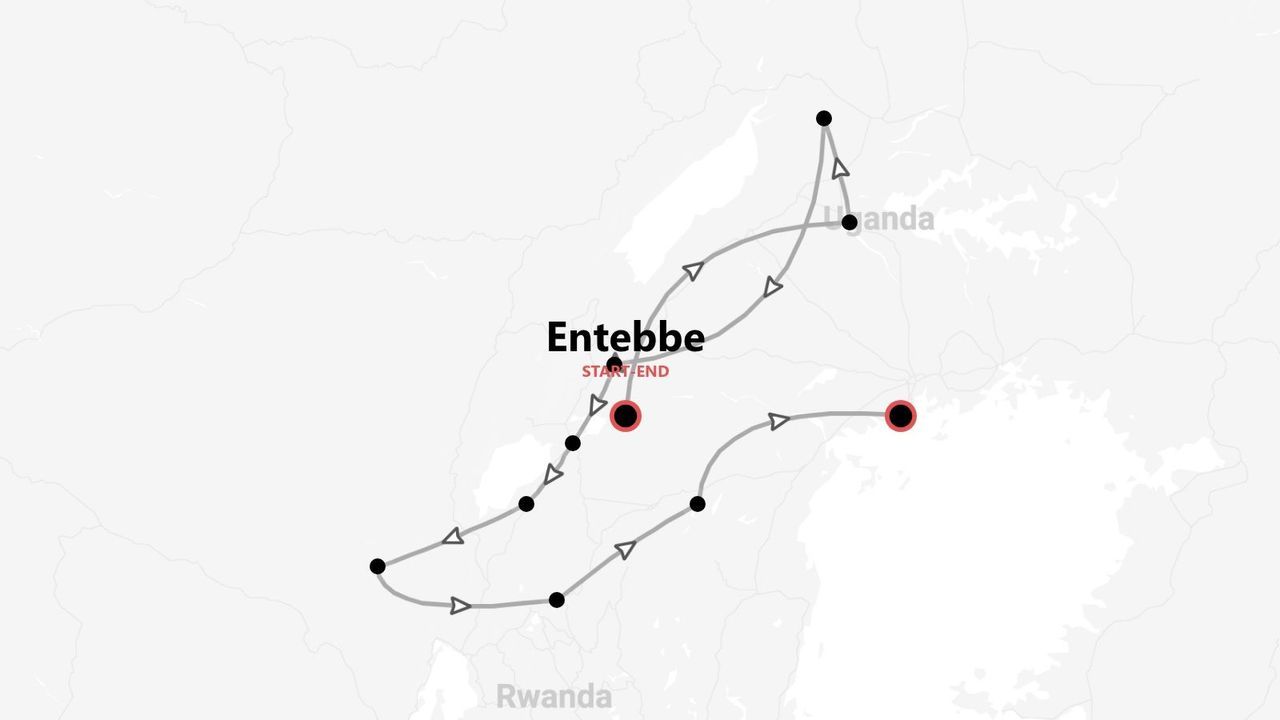 Una mappa di un itinerario di viaggio con partenza e arrivo a Entebbe, che mostra un percorso ad anello attraverso parti dell'Uganda e del Ruanda.