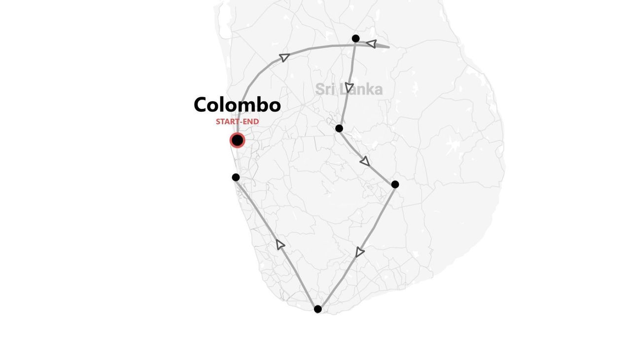Mapa de Sri Lanka con itinerario de viaje circular, iniciando y terminando en Colombo.