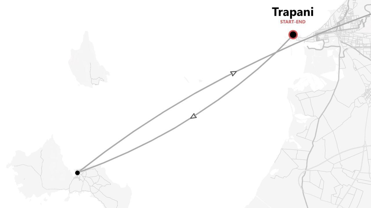 Mappa minimalista di un itinerario di viaggio con partenza e arrivo a Trapani.