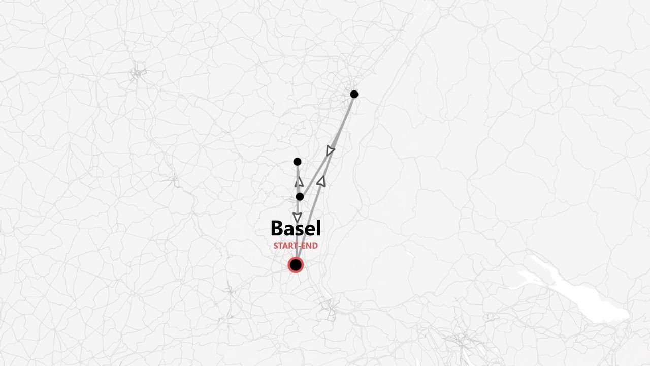 A minimalist map showing a travel route with several stops, starting and ending in Basel.