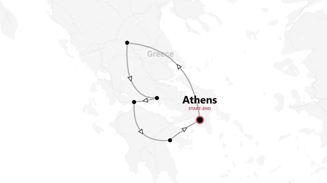 A map showing a tour itinerary through Greece, with a route that starts and ends in Athens.