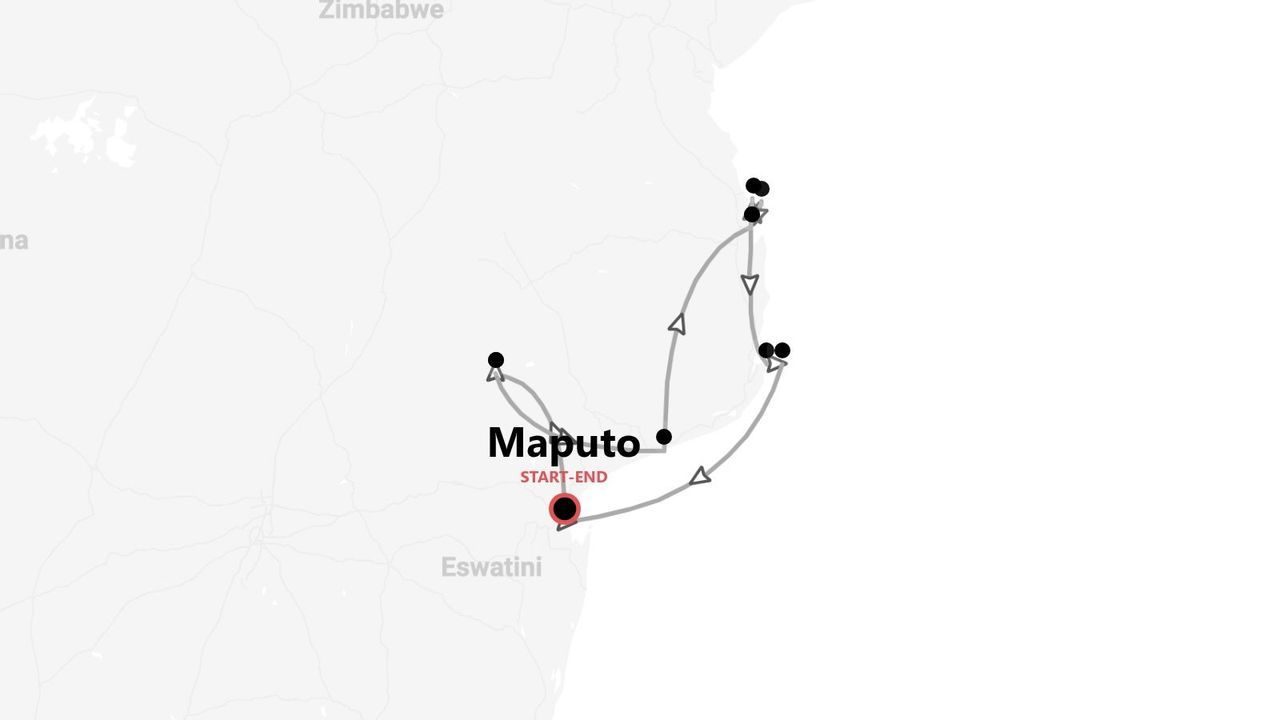 Eine Karte mit einer Reiseroute in Mosambik, die in der Stadt Maputo beginnt und endet.