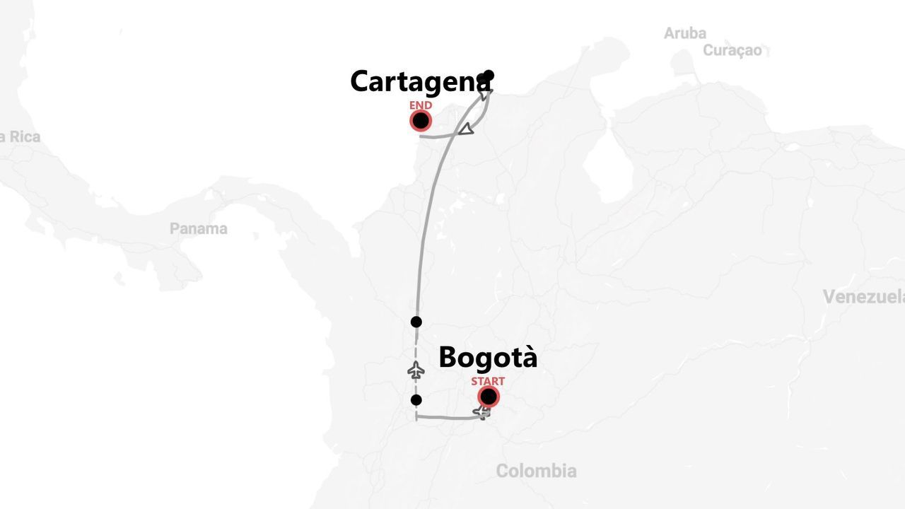 Mappa di un itinerario di viaggio in Colombia, con un percorso che inizia a Bogotá e termina a Cartagena.
