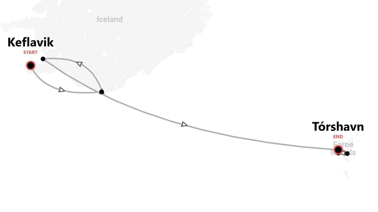 Una mappa che illustra un itinerario di viaggio con partenza da Keflavik, Islanda, e arrivo a Tórshavn, Isole Faroe.