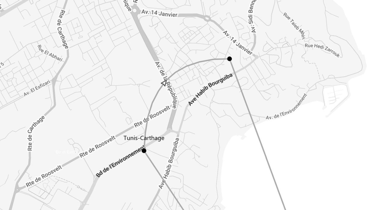 Un plan de rue en niveaux de gris de Tunis, montrant un itinéraire de voyage incluant l'avenue Habib Bourguiba et la route Tunis-Carthage.