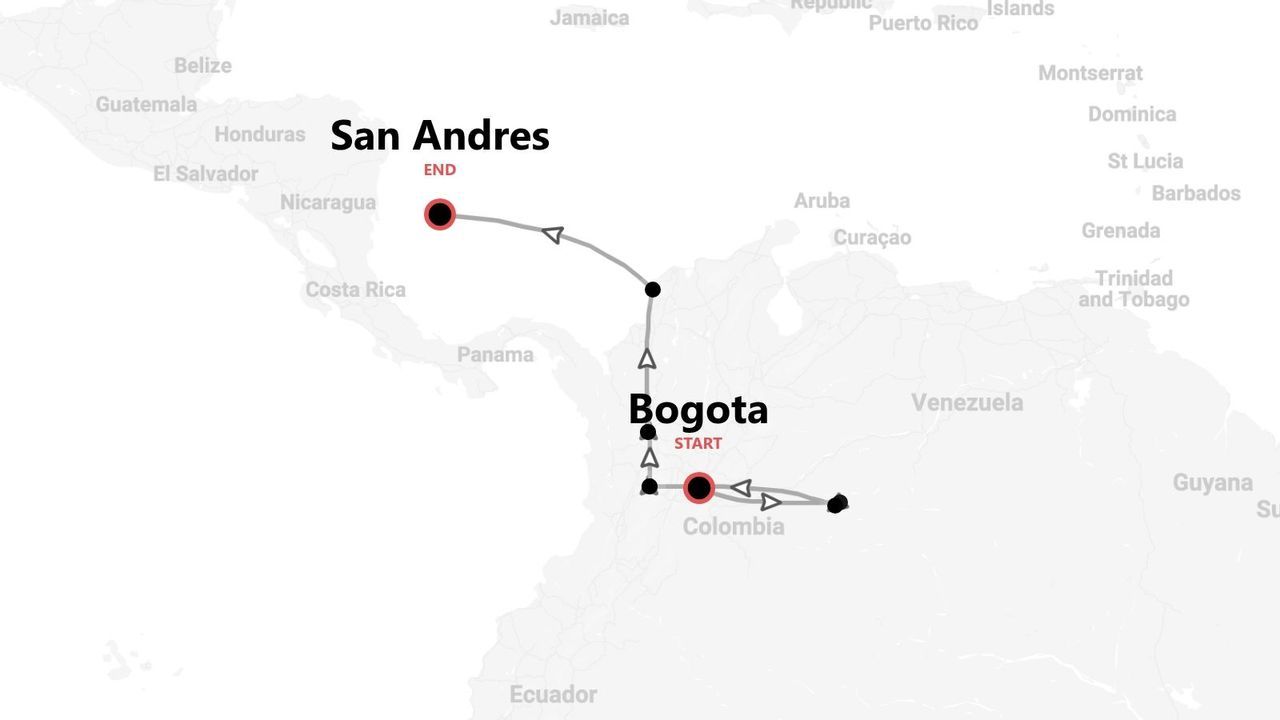 A map showing the travel itinerary for a trip starting in Bogota, Colombia and ending in San Andres.