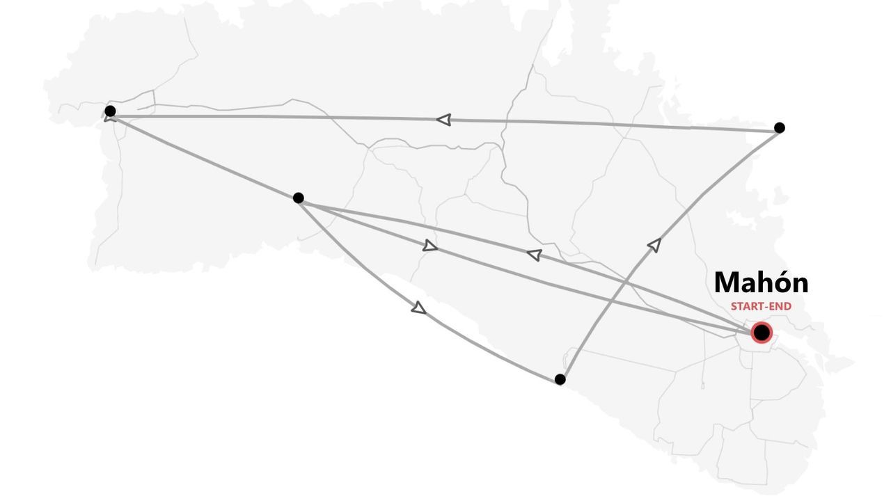 A black and white map illustrating a travel itinerary. The route starts and ends in Mahón, connecting several points along the way.