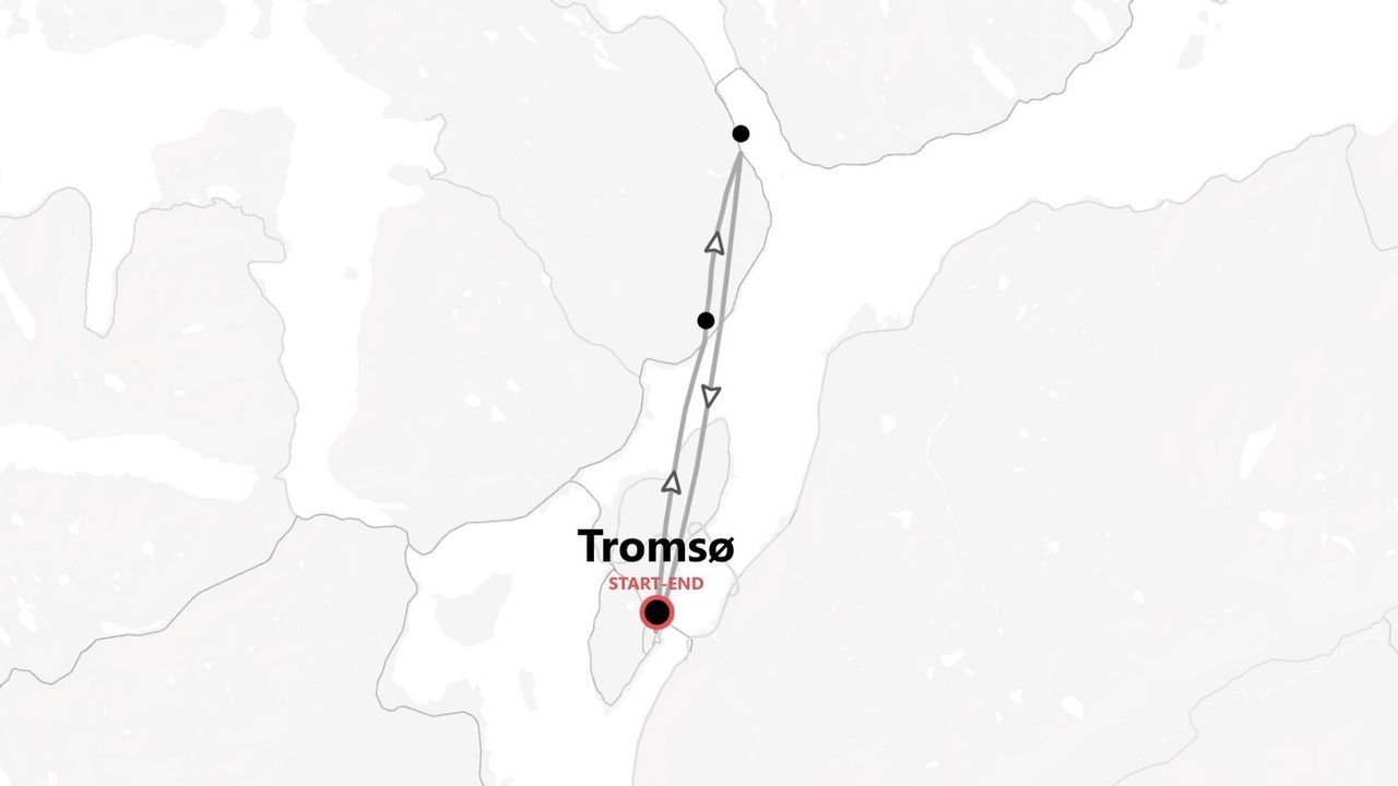 Mapa de un itinerario de viaje de ida y vuelta con origen y destino en Tromsø, y ruta hacia el norte.