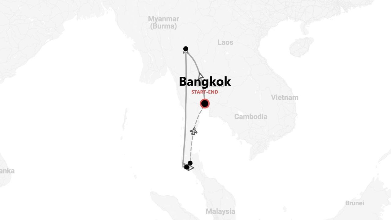 A map showing a travel itinerary in Thailand that starts and ends in Bangkok, with the route marked by a line.