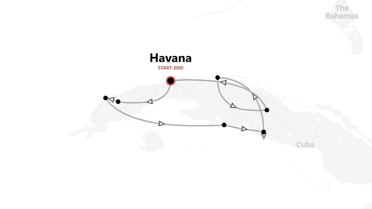 A map of Cuba showing a travel itinerary route that starts and ends in Havana.