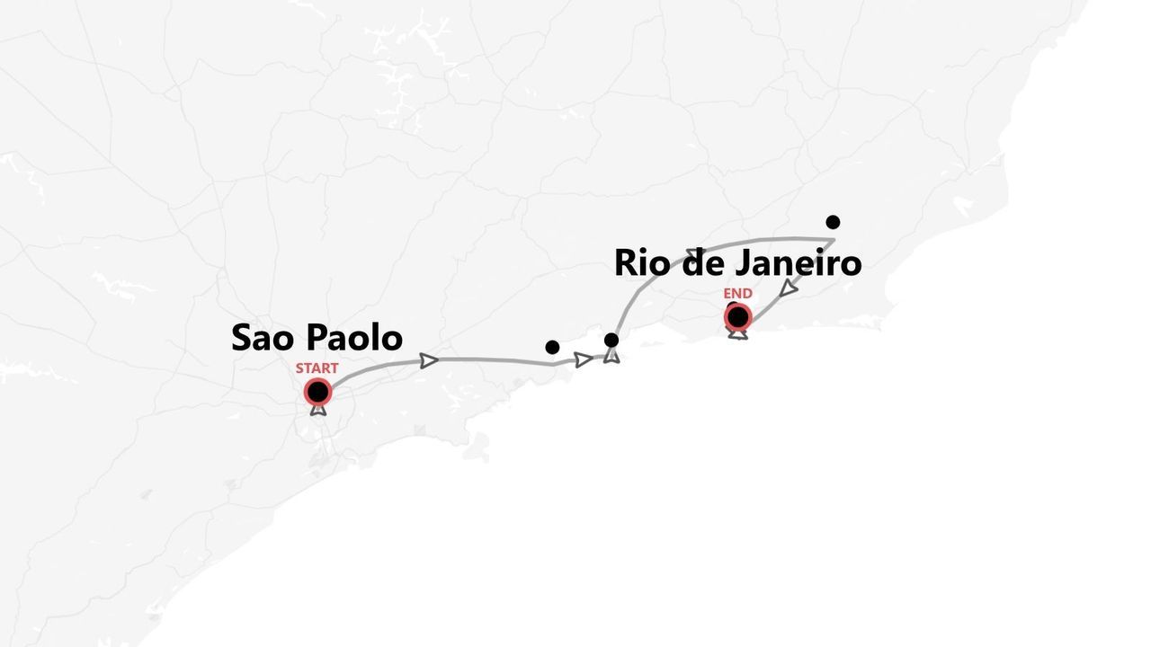 A map showing the itinerary of a trip, starting in Sao Paolo and ending in Rio de Janeiro, Brazil.
