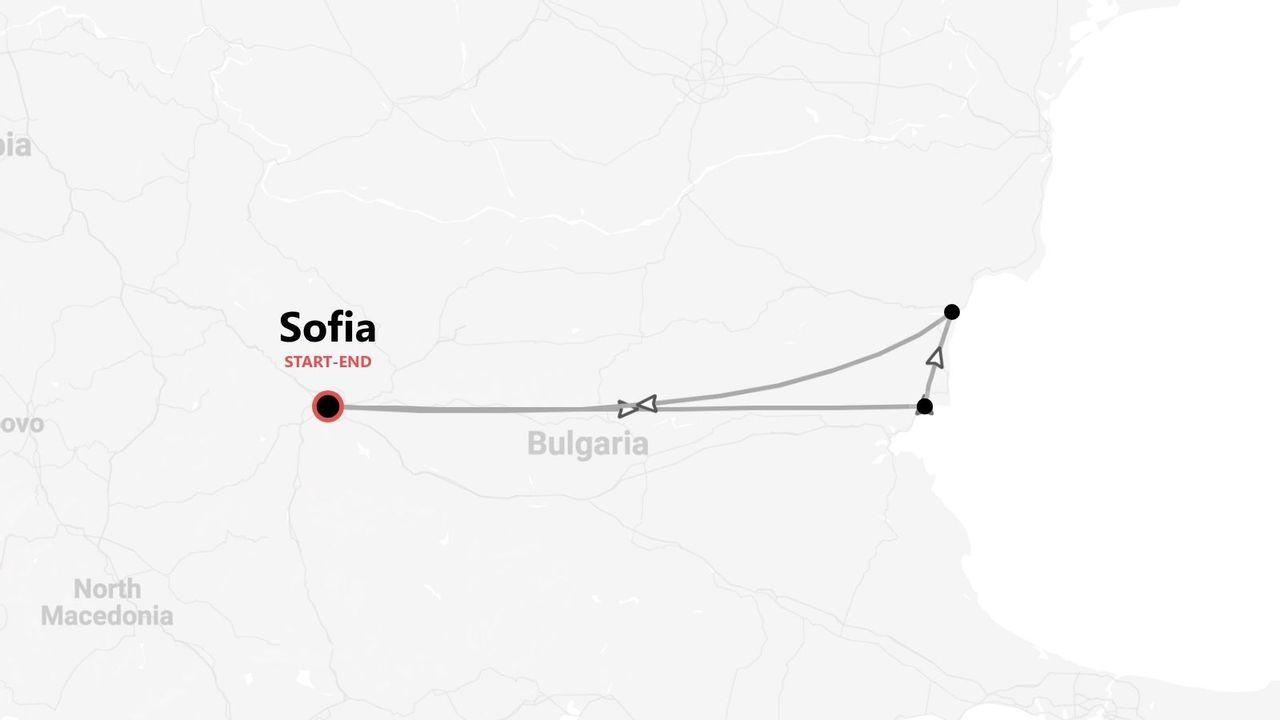 Una mappa della Bulgaria che mostra un itinerario di viaggio che inizia e finisce a Sofia, con un percorso che si estende fino alla costa del Mar Nero.