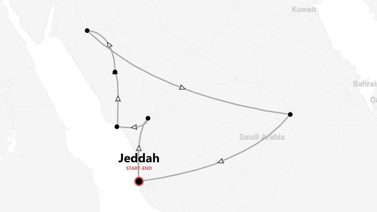 Mappa di un tour in Arabia Saudita con partenza e arrivo a Gedda.