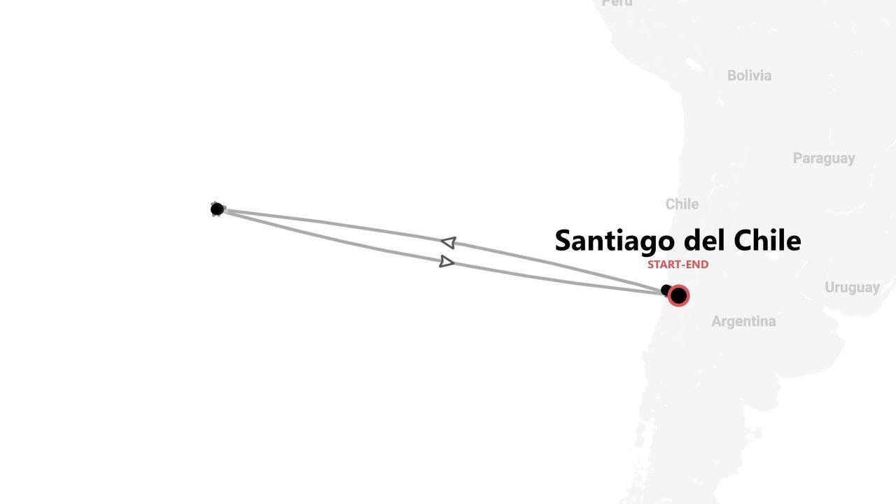 Mappa di un itinerario di viaggio in Sud America, con percorso circolare che inizia e termina a Santiago del Cile.