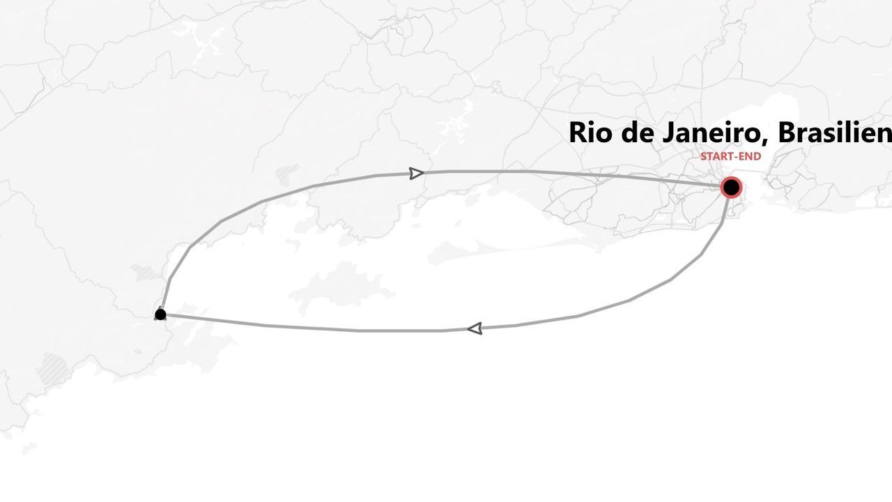 Karte einer Rundreise mit Start und Ziel in Rio de Janeiro, Brasilien.