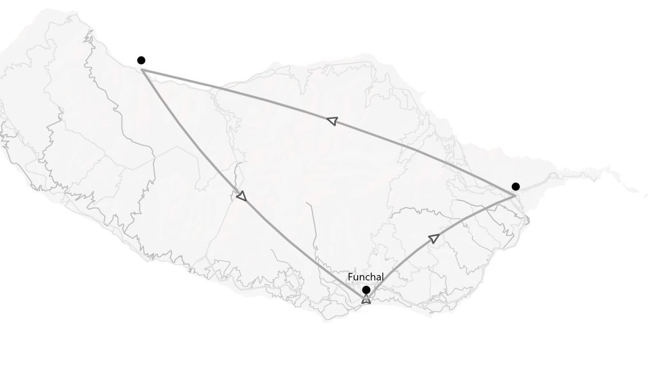 Un mapa en escala de grises de Madeira mostrando una ruta de viaje con paradas clave, incluyendo la ciudad de Funchal.