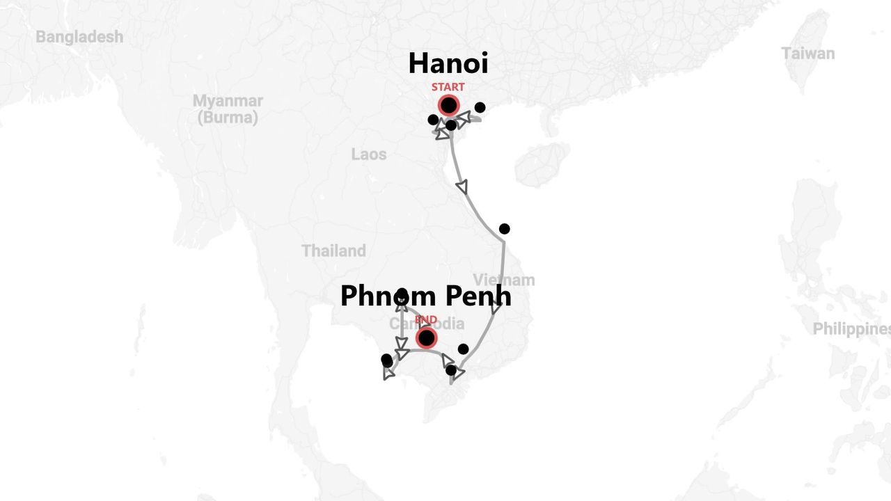 Mappa di un itinerario di viaggio nel Sud-est asiatico: da Hanoi, Vietnam, attraverso la Cambogia fino a Phnom Penh.