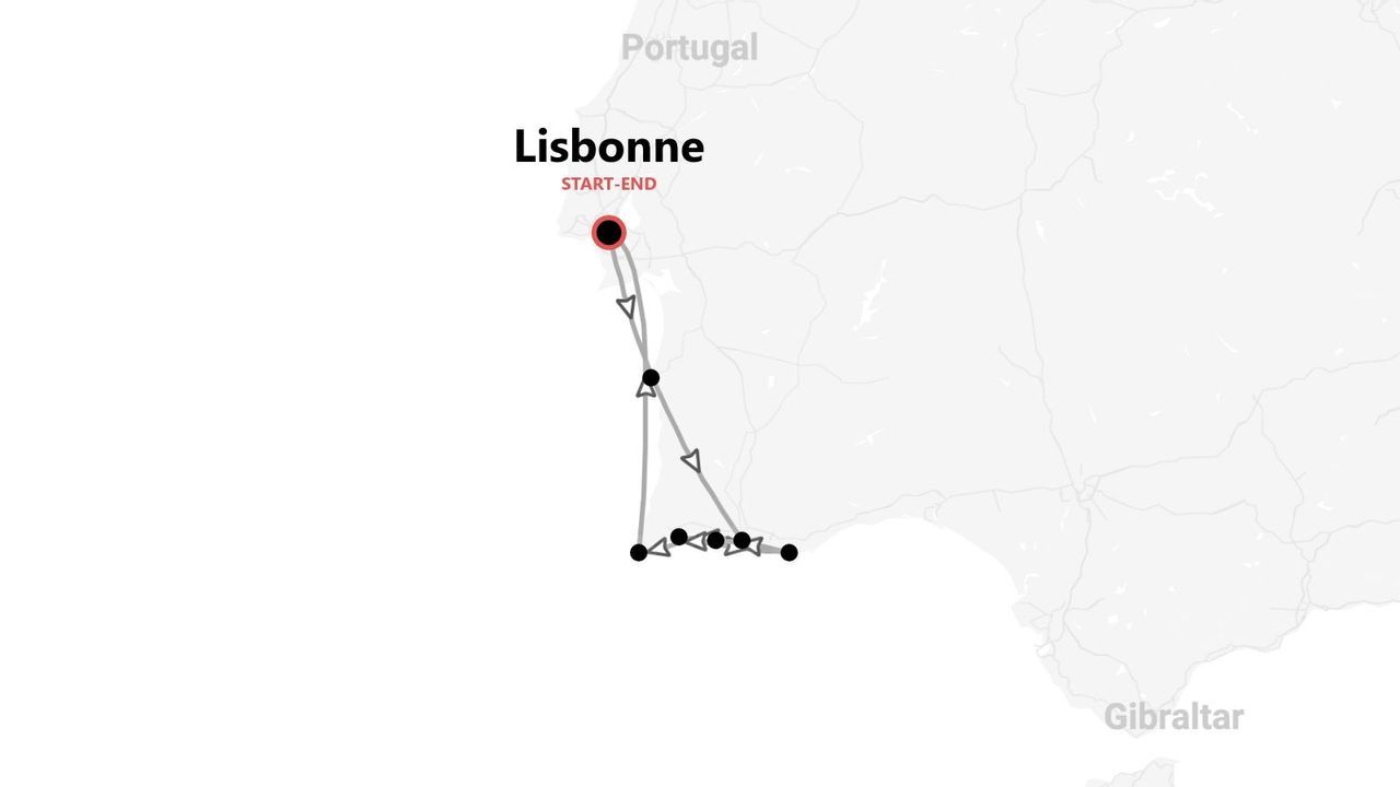 Carte d'un itinéraire de voyage au Portugal, avec départ et arrivée à Lisbonne, et longeant la côte sud.