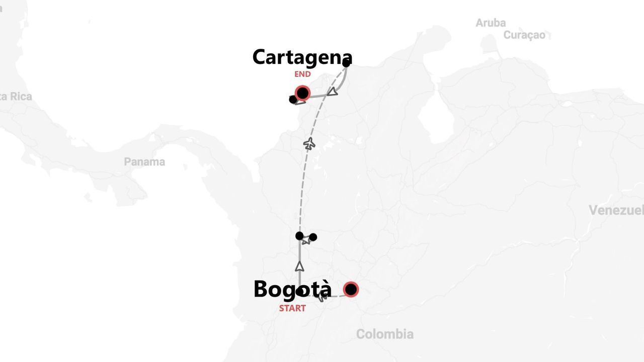 Eine Reiseroutenkarte durch Kolumbien, von Bogotá bis Cartagena.
