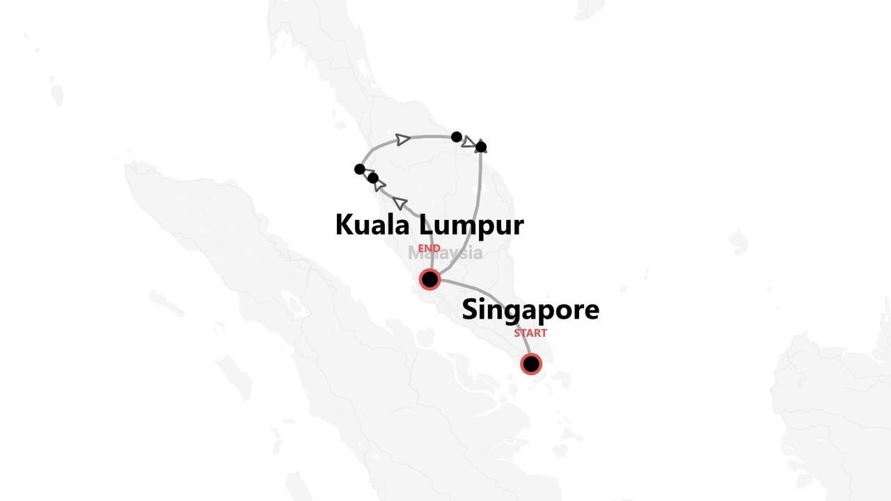 Una mappa dell'itinerario di viaggio che mostra il percorso dal punto di partenza a Singapore al punto di arrivo a Kuala Lumpur, Malesia.