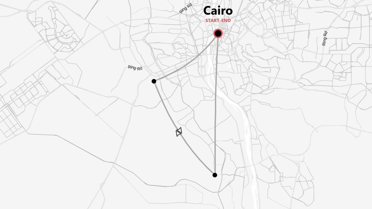 A simplified map showing a travel itinerary that starts and ends in Cairo, Egypt, forming a triangular loop.