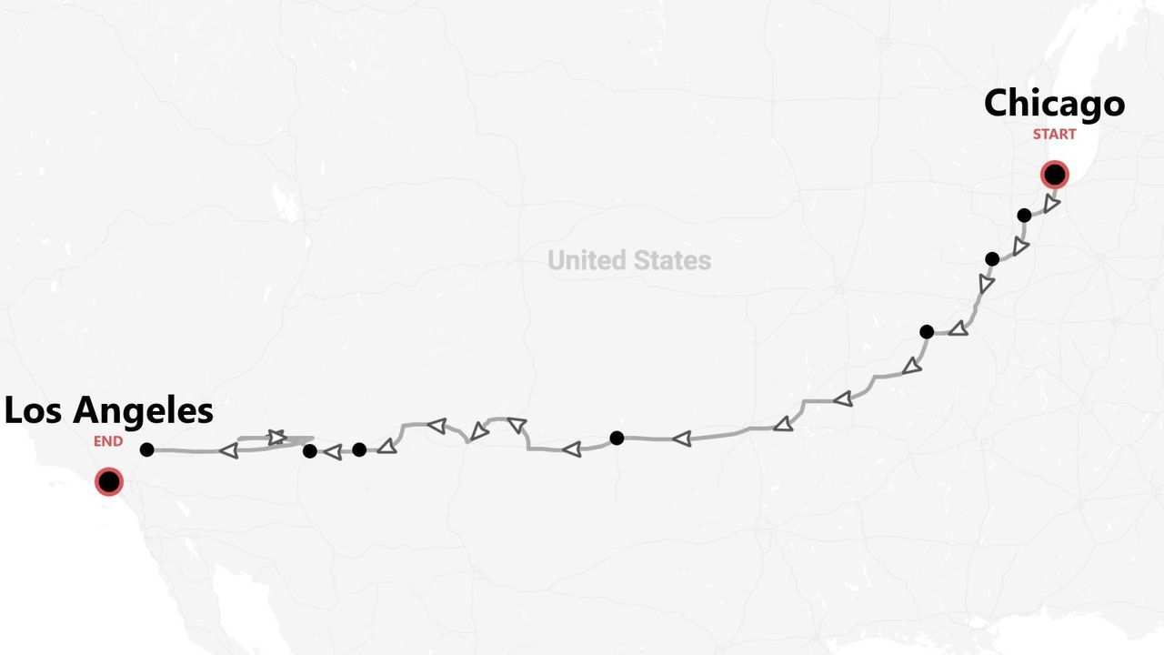 A map of the United States showing a travel route starting in Chicago and ending in Los Angeles.