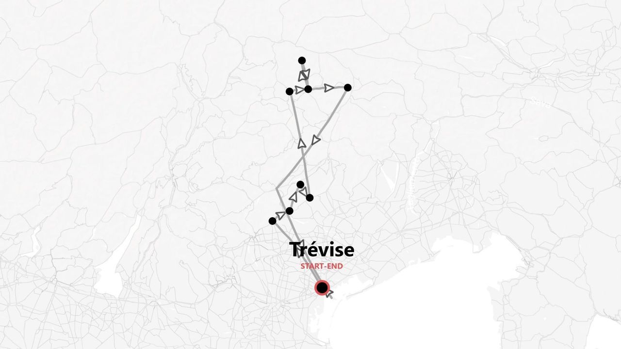 Une carte stylisée présentant un itinéraire de voyage sous forme de ligne grise avec flèches et arrêts, débutant et se terminant à Trévise.