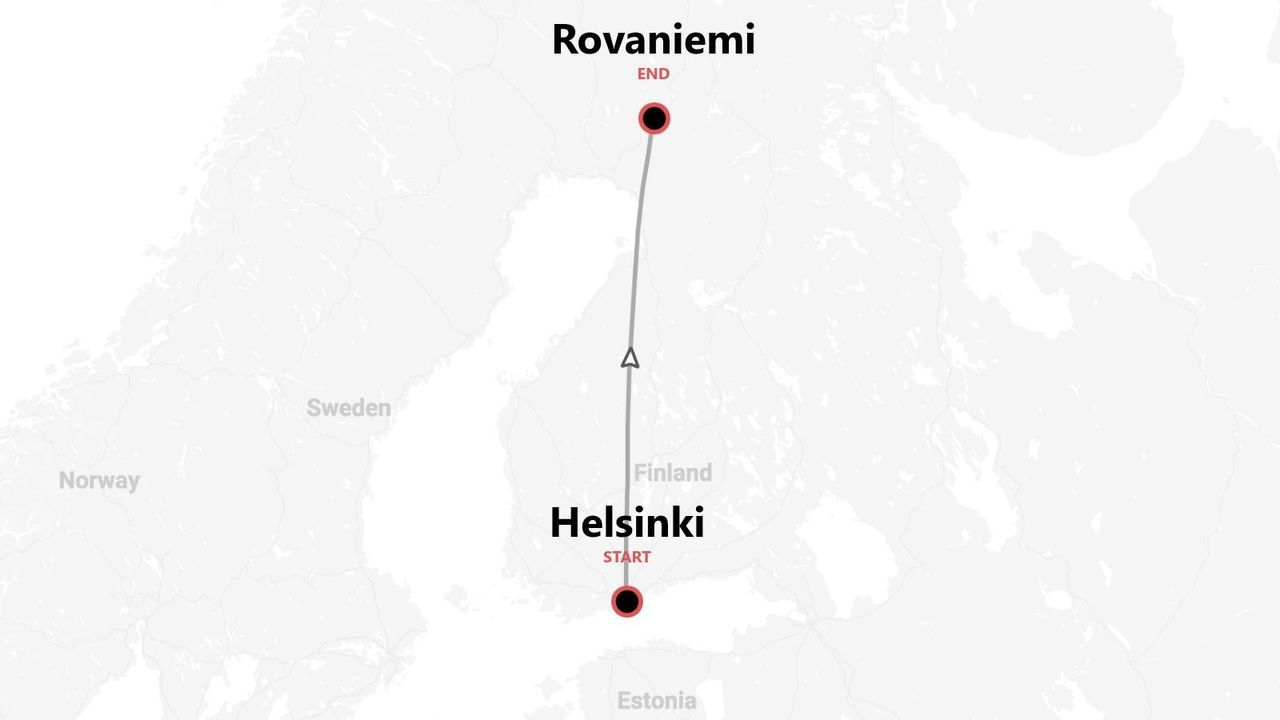 Una mappa che mostra un itinerario di viaggio attraverso la Finlandia, con partenza da Helsinki e arrivo a Rovaniemi.