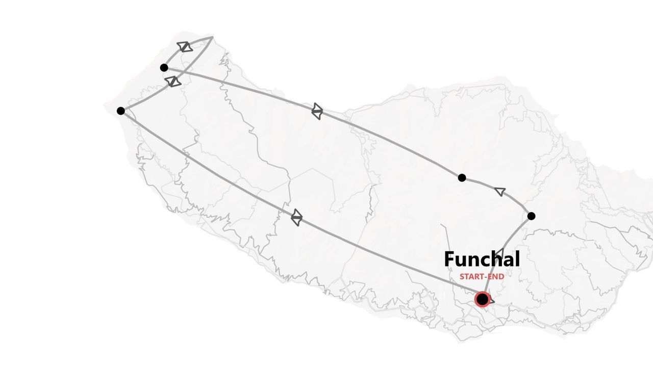 Eine Graustufenkarte mit einer Reiseroute für eine Inselrundfahrt, wobei die Strecke in Funchal beginnt und endet.
