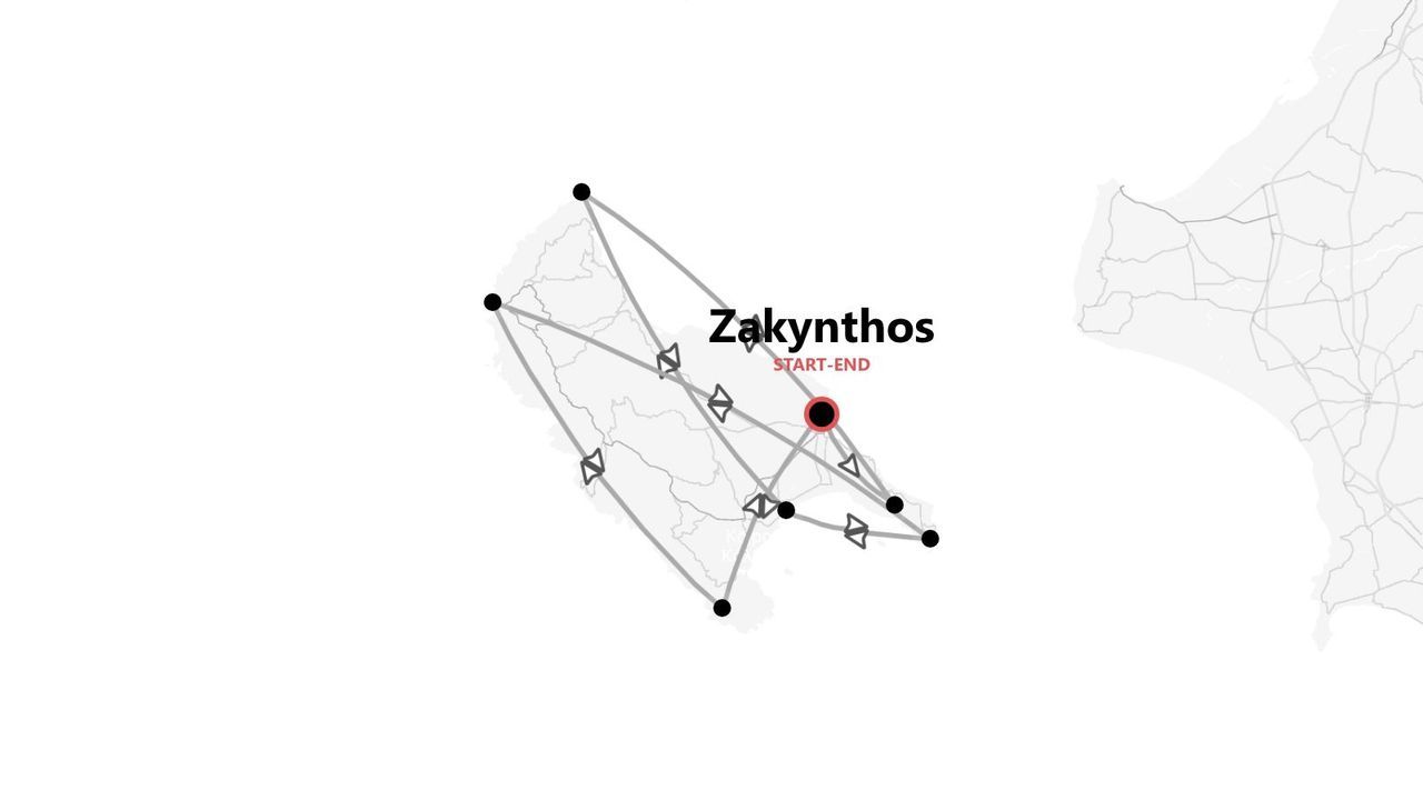 Eine minimalistische Karte, die eine Reiseroute auf der Insel Zakynthos mit einem Start- und Endpunkt zeigt.