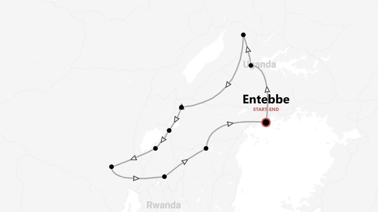 Mapa de un itinerario de viaje por Uganda y Ruanda, con inicio y fin en Entebbe.