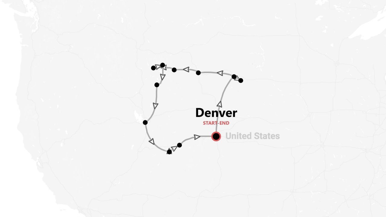 Itinerario di viaggio negli Stati Uniti con partenza e arrivo a Denver.