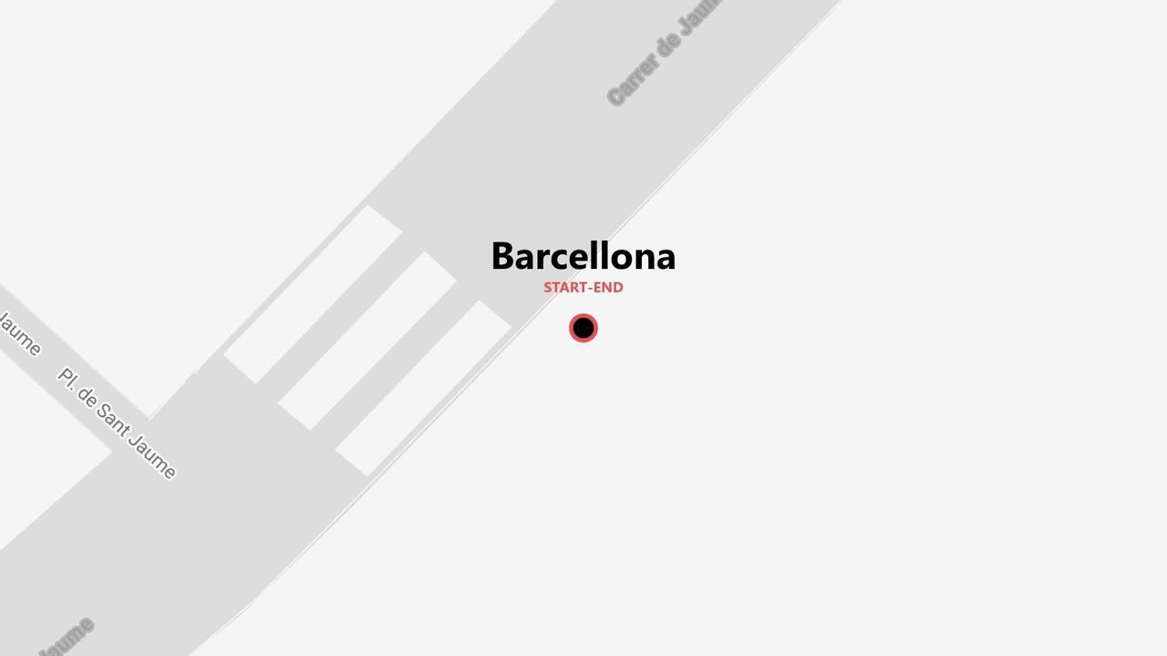 Una mappa minimalista di Barcellona che mostra un punto di partenza e arrivo vicino a Carrer de Jaume e Pl. de Sant Jaume, con un attraversamento pedonale.