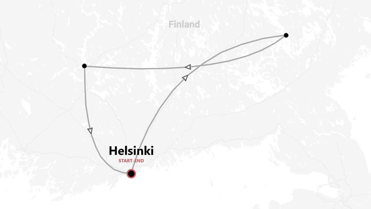 Una mappa di un itinerario turistico attraverso la Finlandia, con inizio e fine nella città di Helsinki.
