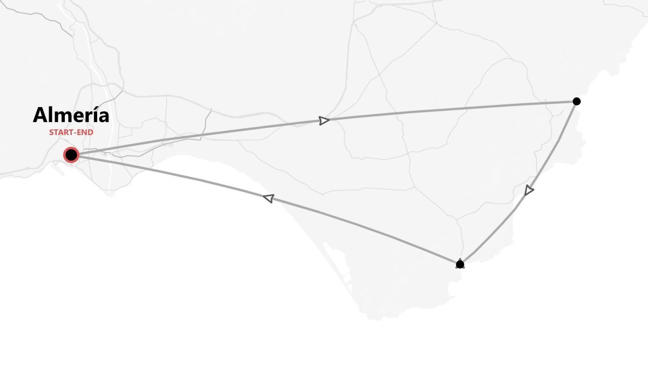 Un mapa minimalista que muestra un itinerario de viaje que comienza y termina en Almería, trazando una ruta triangular con flechas direccionales.