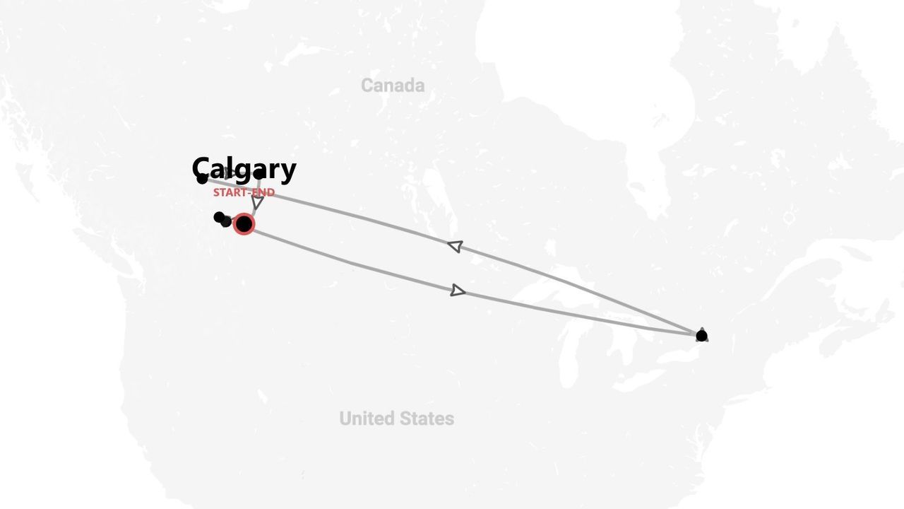 Mappa minimalista di un itinerario circolare attraverso il Nord America, con partenza e arrivo a Calgary, Canada.