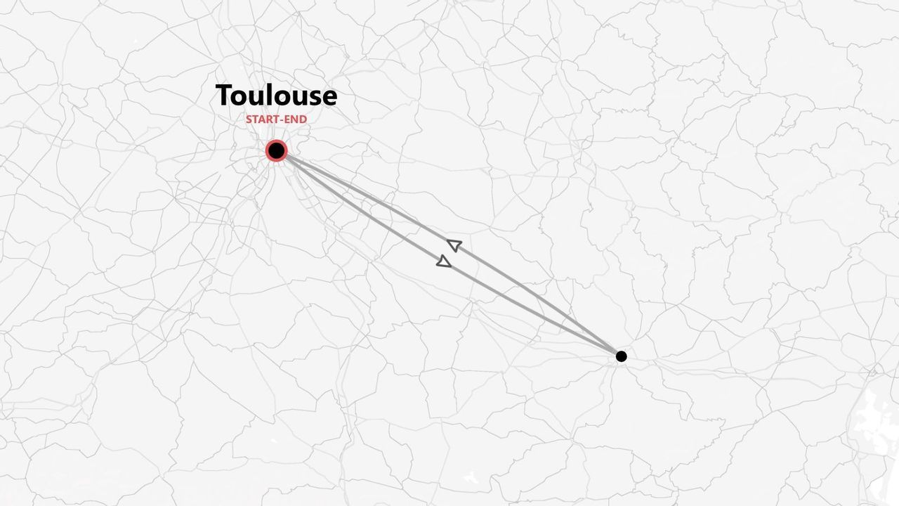 Una mappa stilizzata che mostra un itinerario di viaggio di andata e ritorno con inizio e fine a Tolosa, che è contrassegnata come punto di partenza e arrivo.