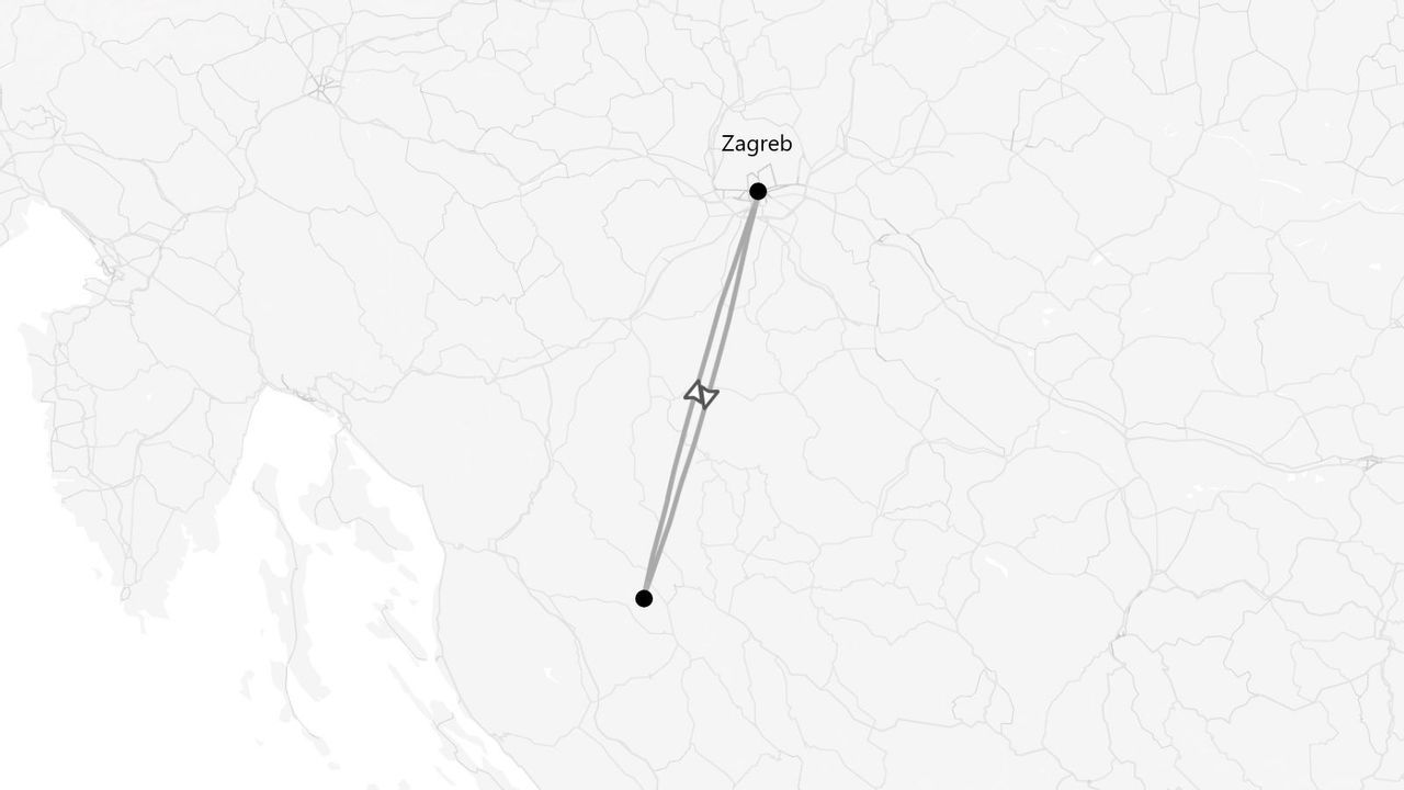 Une carte en niveaux de gris montrant un itinéraire de voyage avec une ligne de parcours reliant un point du sud à la ville de Zagreb.