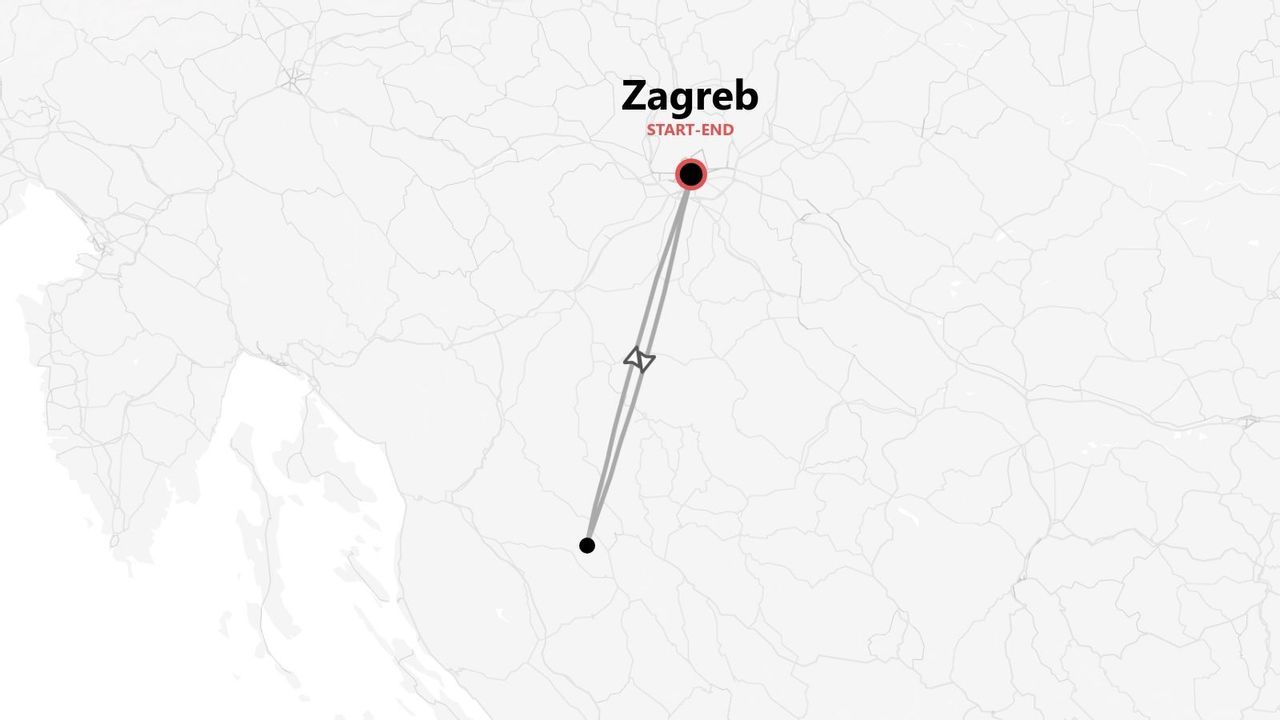 A stylized map showing a travel itinerary that starts and ends in Zagreb.