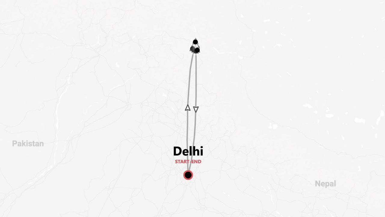 A minimalist map showing a travel itinerary with its start and end point in Delhi, India.