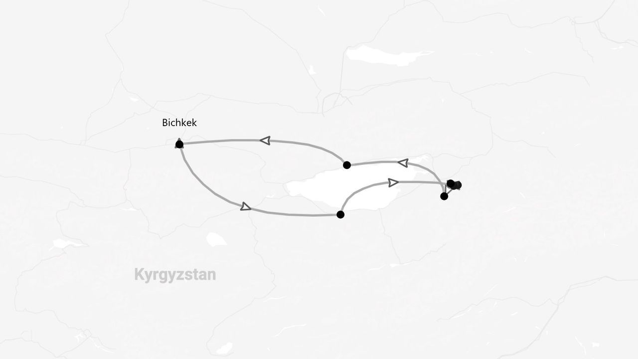 Une carte minimaliste en noir et blanc du Kirghizistan, montrant un itinéraire de voyage au départ de la ville de Bichkek.