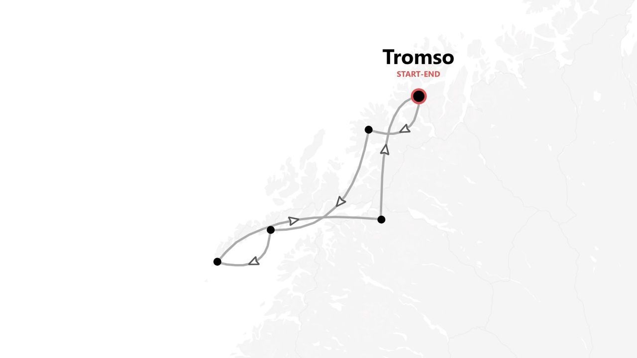 Mappa di un itinerario con varie tappe, con partenza e arrivo a Tromso.