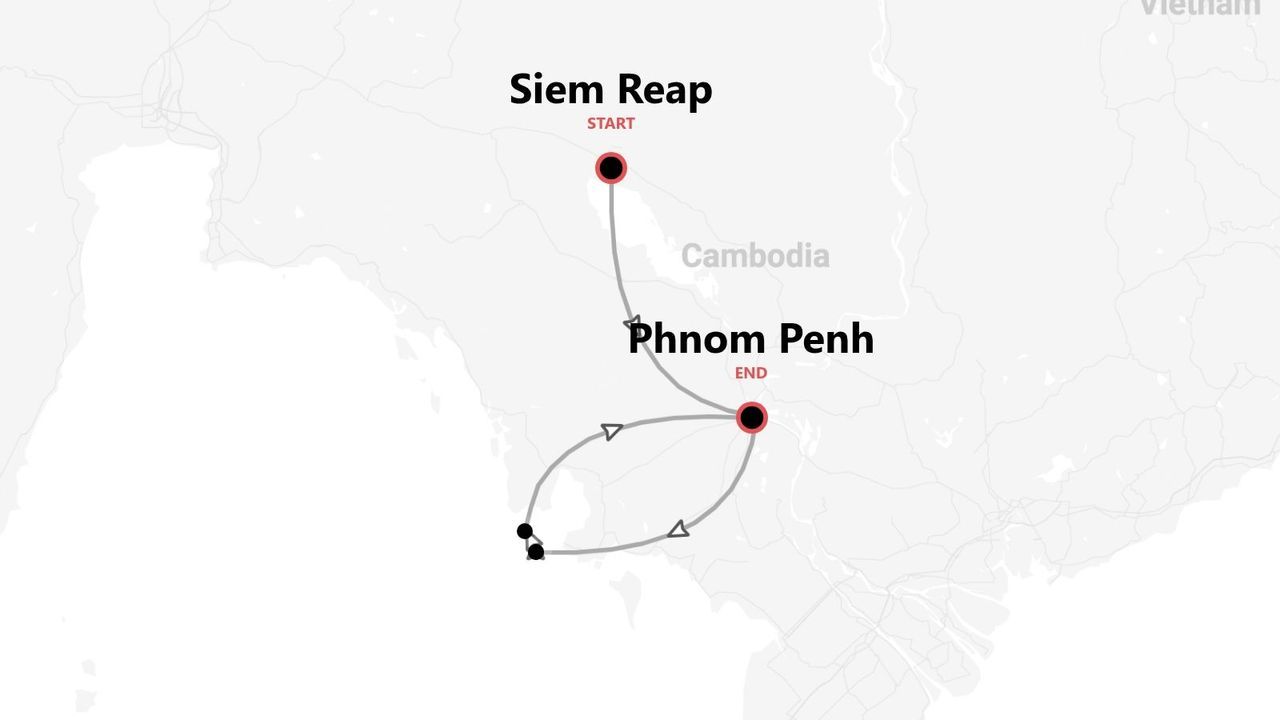 Eine Karte einer Reiseroute durch Kambodscha, beginnend in Siem Reap und nach einer südlichen Schleife in Phnom Penh endend.