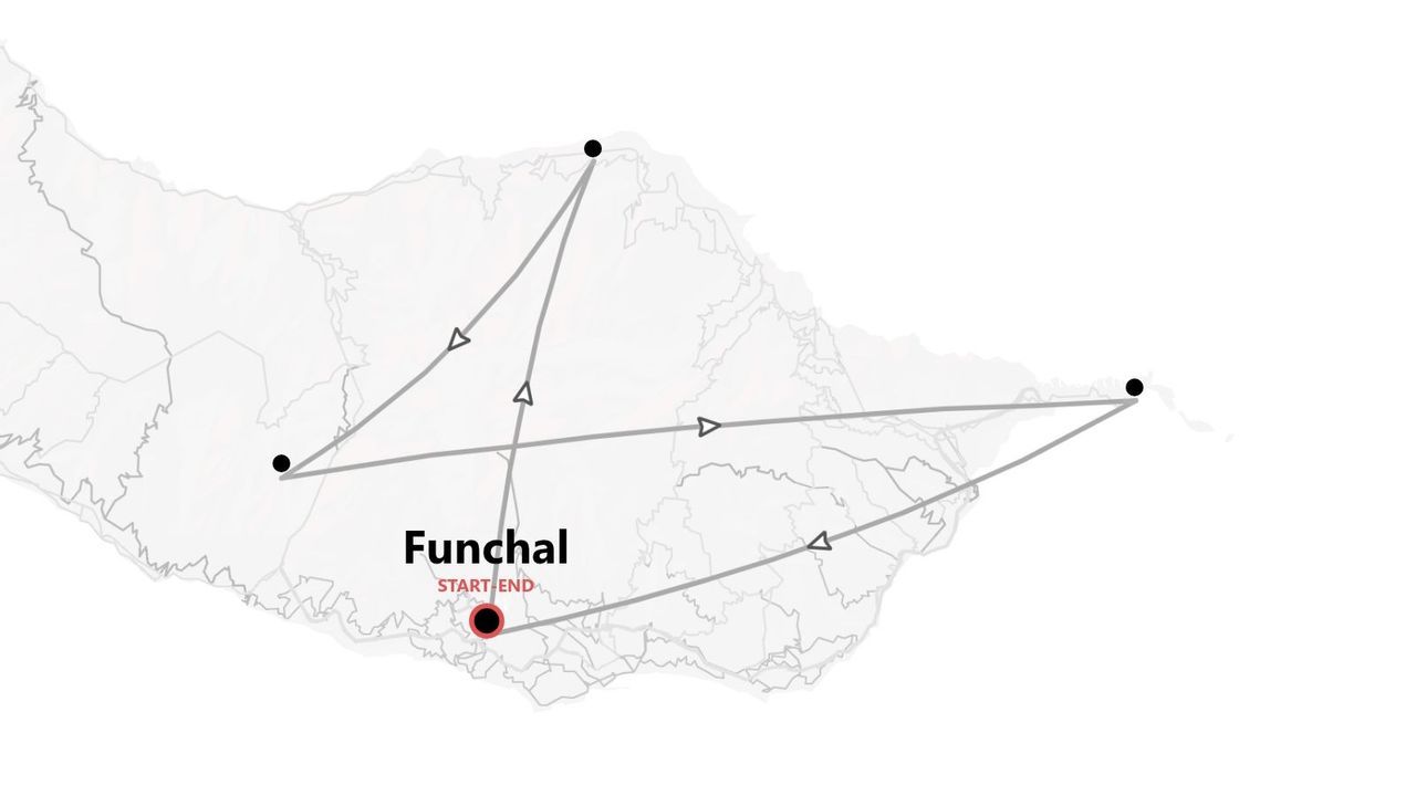 Mappa di un itinerario di viaggio su un'isola, con un percorso che inizia e termina nella città di Funchal.