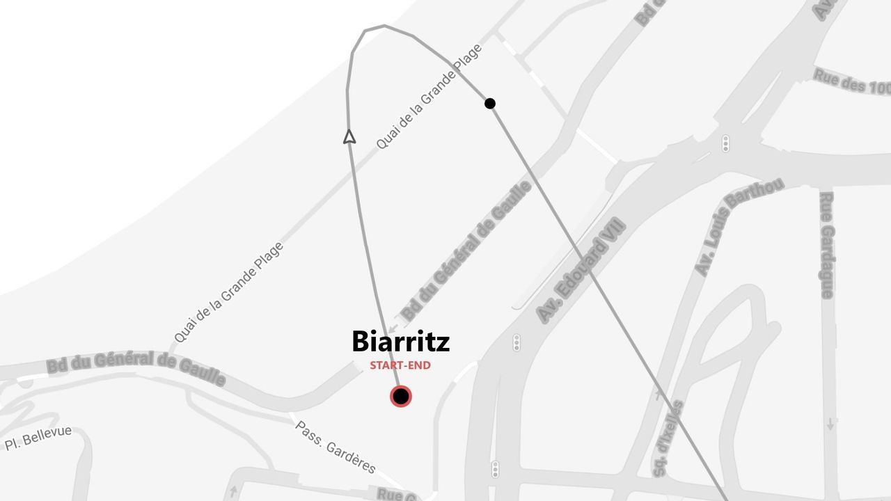 A street map of Biarritz showing a start-end point and a route along Quai de la Grande Plage and Bd du Général de Gaulle.