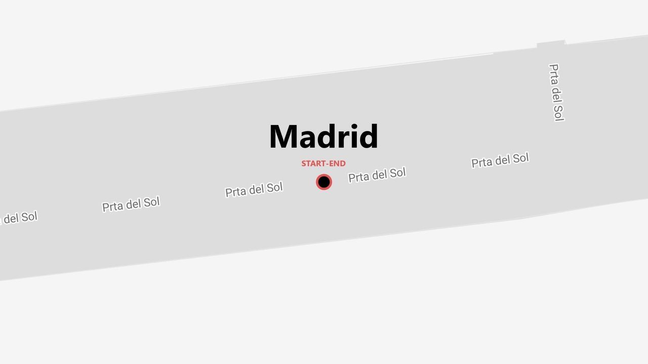 A minimalist map of Madrid showing the Prta del Sol area, with a marker indicating the start and end point of a route.
