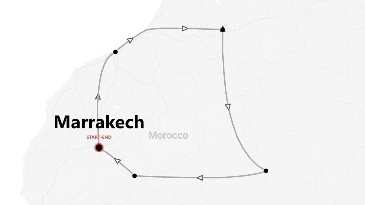 Mappa di un itinerario turistico in Marocco, con partenza e arrivo nella città di Marrakech.