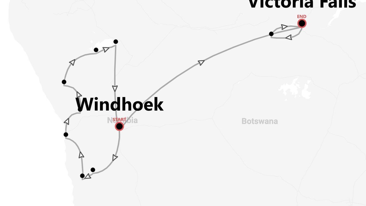 Una mappa che mostra un percorso di viaggio con partenza da Windhoek, che fa il giro della Namibia, attraversa il Botswana e termina alle Cascate Vittoria.